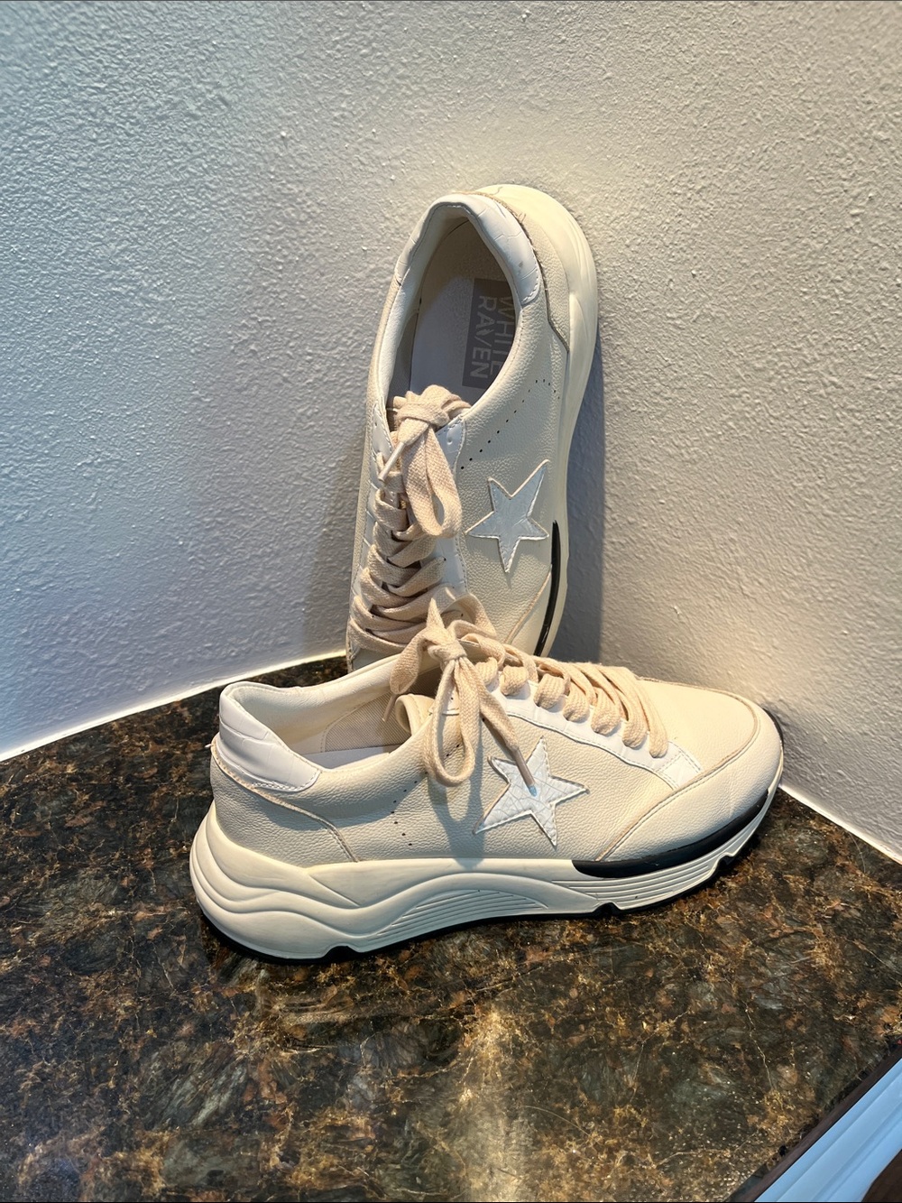 White Raven Platform Lace-Up Sneakers in Cream with Star Accent
